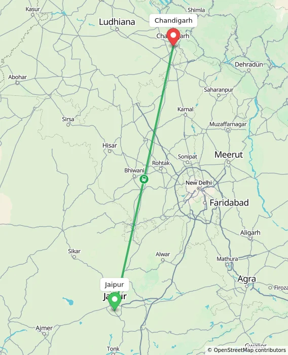 Route map showing distance and travel time from Jaipur, India to Chandigarh, India