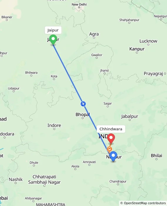 Route map showing distance and travel time from Jaipur, India to Chhindwara, India