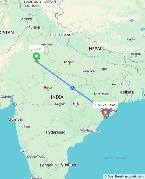 Route map showing distance and travel time from Jaipur, India to Chilika Lake, India