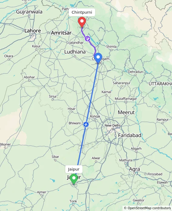 Route map showing distance and travel time from Jaipur, India to Chintpurni, India