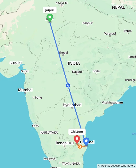 Route map showing distance and travel time from Jaipur, India to Chittoor, India