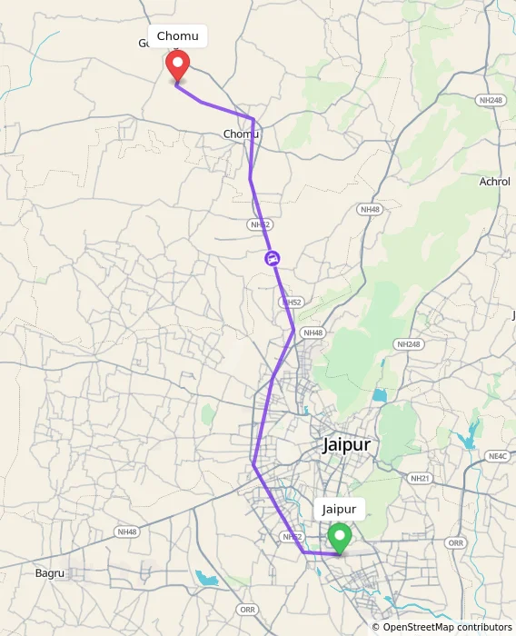 Route map showing distance and travel time from Jaipur, India to Chomu, India
