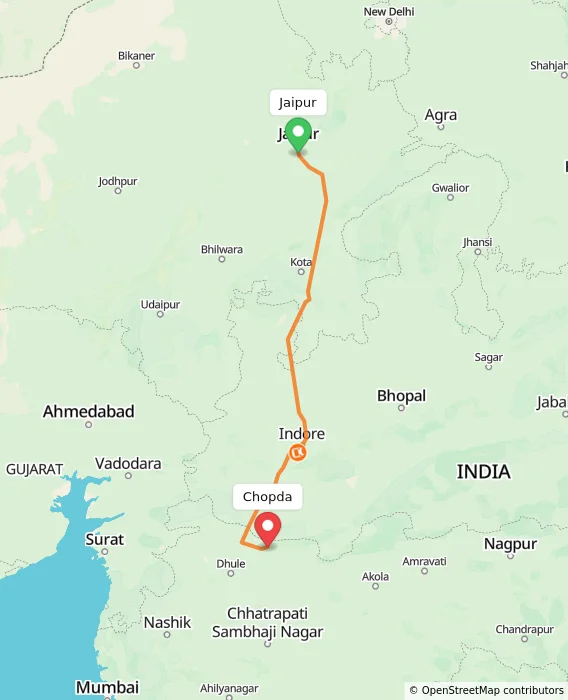 Route map showing distance and travel time from Jaipur, India to Chopda, India