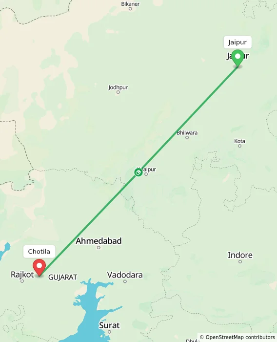 Route map showing distance and travel time from Jaipur, India to Chotila, India