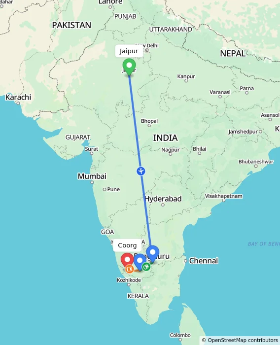 Route map showing distance and travel time from Jaipur, India to Coorg, India