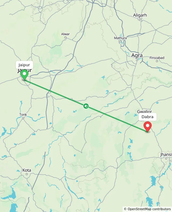 Route map showing distance and travel time from Jaipur, India to Dabra, India