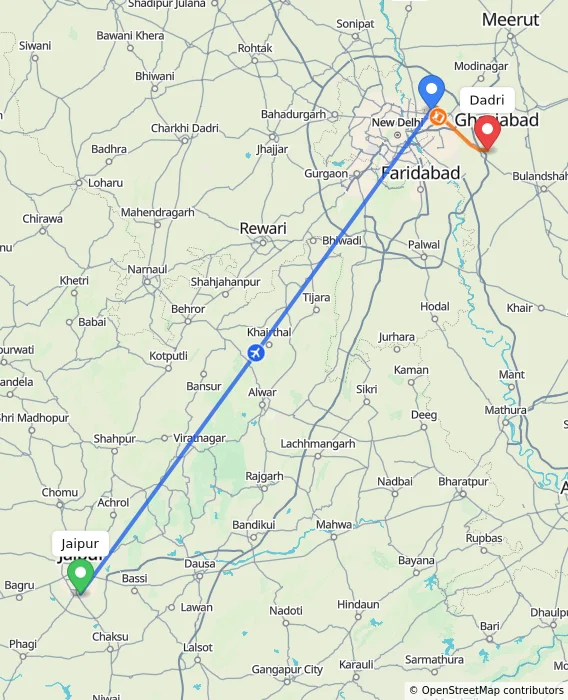 Route map showing distance and travel time from Jaipur, India to Dadri, India