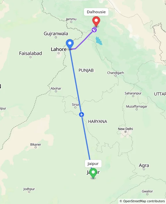 Route map showing distance and travel time from Jaipur, India to Dalhousie, India