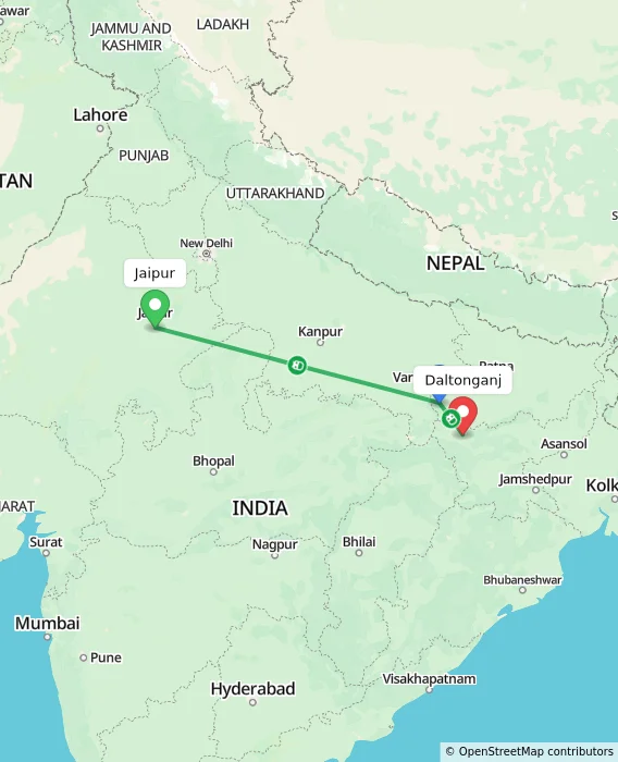 Route map showing distance and travel time from Jaipur, India to Daltonganj, India