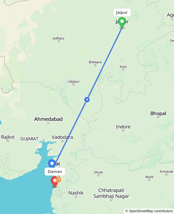 Route map showing distance and travel time from Jaipur, India to Daman, India
