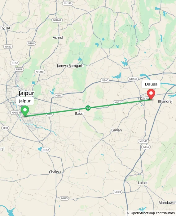 Route map showing distance and travel time from Jaipur, India to Dausa, India