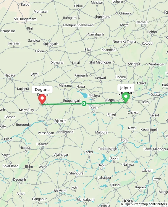 Route map showing distance and travel time from Jaipur, India to Degana, India