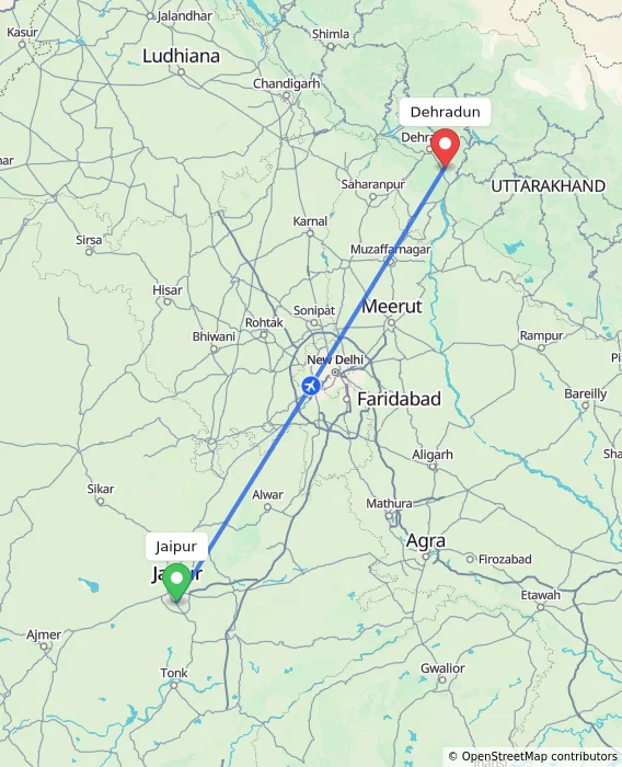 Route map showing distance and travel time from Jaipur, India to Dehradun, India