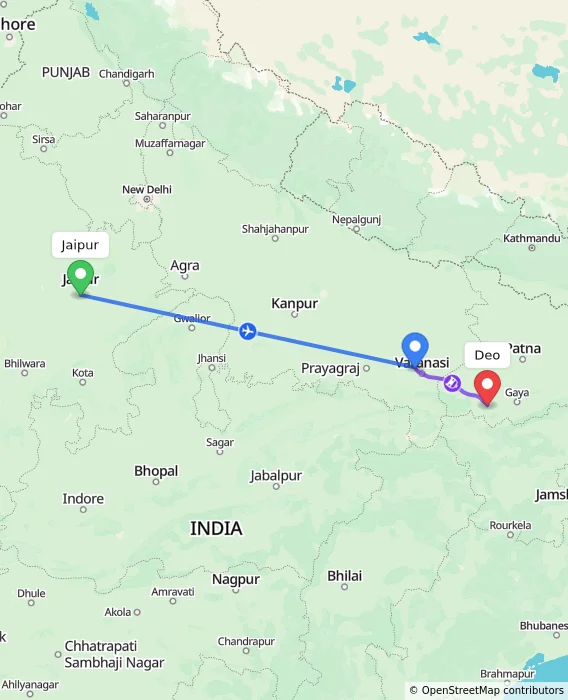 Route map showing distance and travel time from Jaipur, India to Deo, India