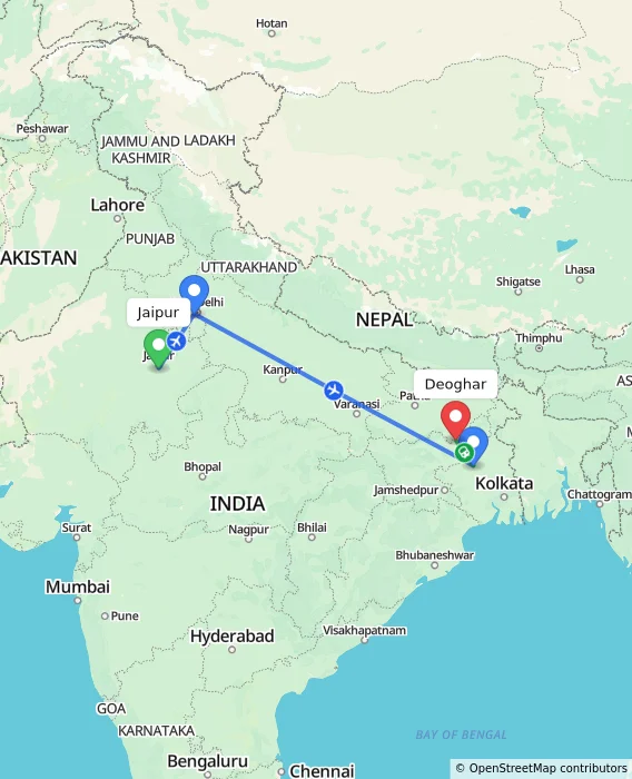 Route map showing distance and travel time from Jaipur, India to Deoghar, India