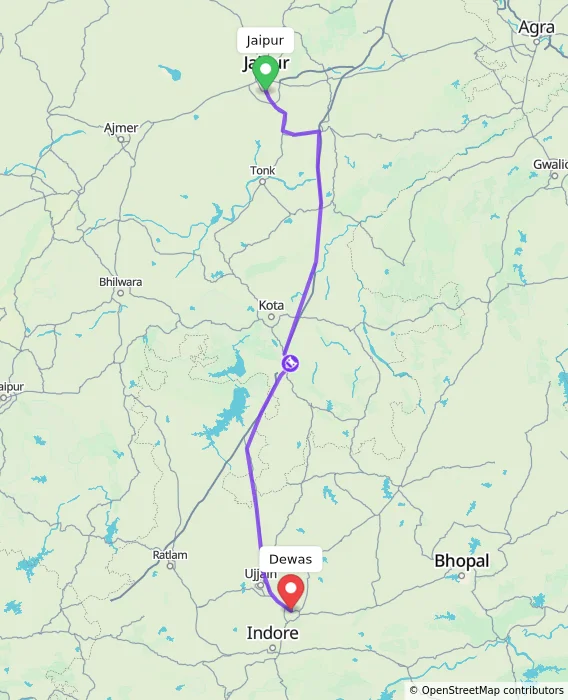 Route map showing distance and travel time from Jaipur, India to Dewas, India