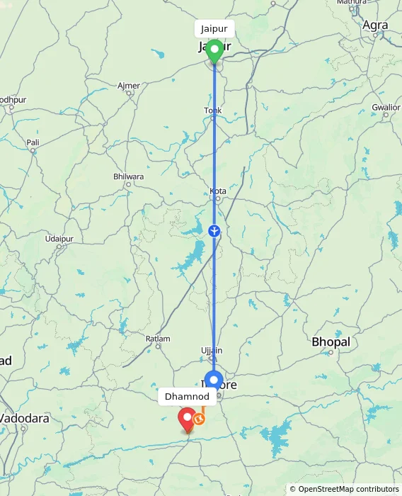 Route map showing distance and travel time from Jaipur, India to Dhamnod, India