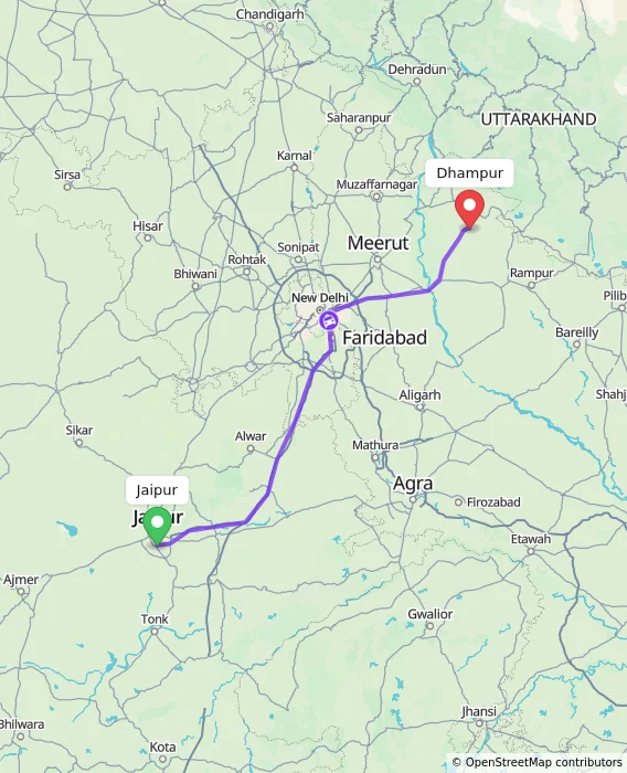 Route map showing distance and travel time from Jaipur, India to Dhampur, India