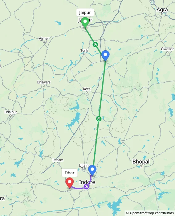 Route map showing distance and travel time from Jaipur, India to Dhar, India