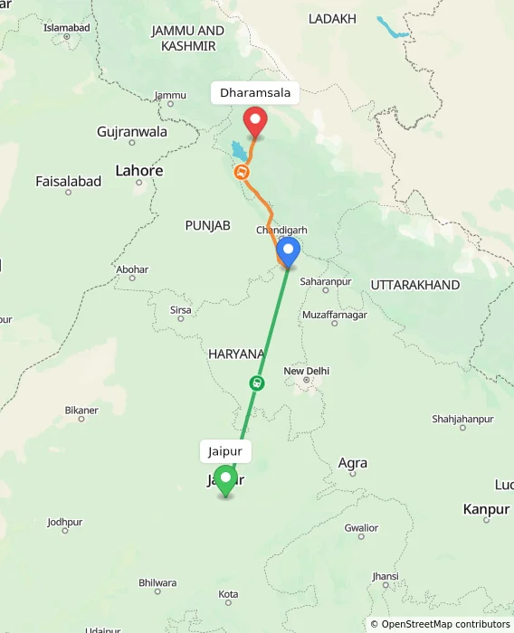 Route map showing distance and travel time from Jaipur, India to Dharamsala, India