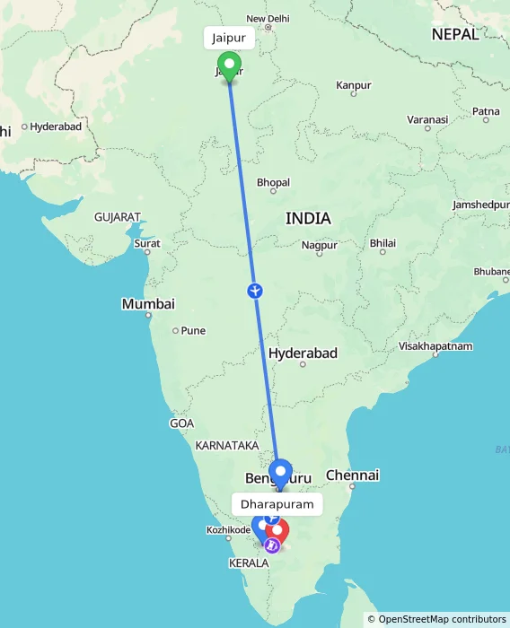 Route map showing distance and travel time from Jaipur, India to Dharapuram, India