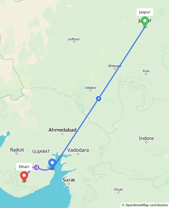 Route map showing distance and travel time from Jaipur, India to Dhari, India