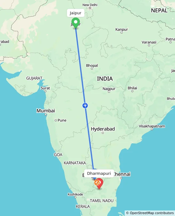 Route map showing distance and travel time from Jaipur, India to Dharmapuri, India