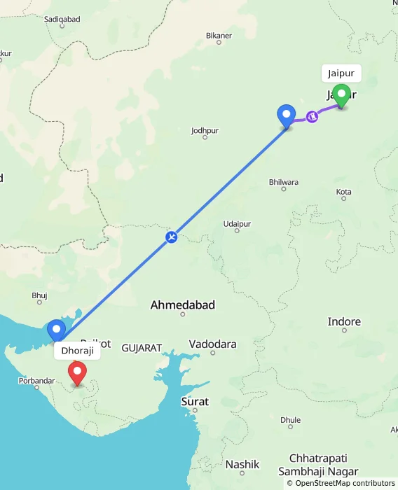 Route map showing distance and travel time from Jaipur, India to Dhoraji, India