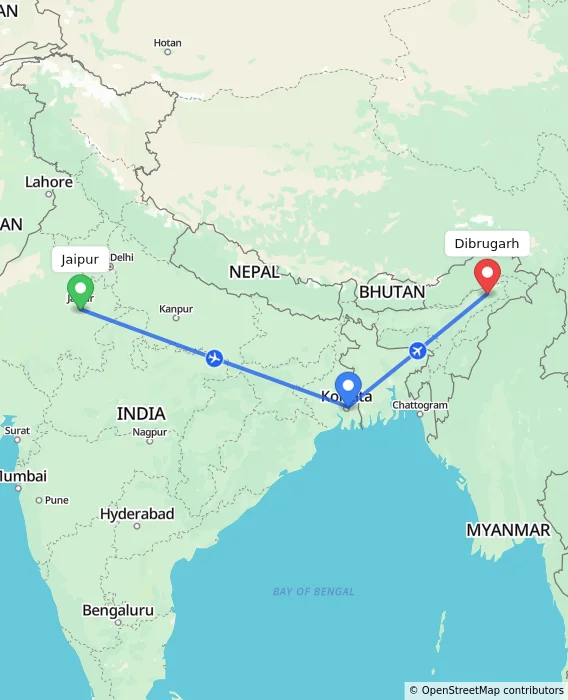 Route map showing distance and travel time from Jaipur, India to Dibrugarh, India