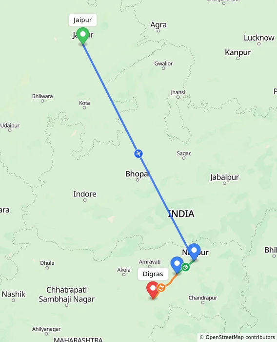 Route map showing distance and travel time from Jaipur, India to Digras, India