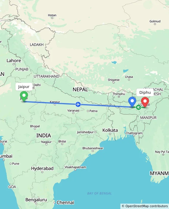 Route map showing distance and travel time from Jaipur, India to Diphu, India