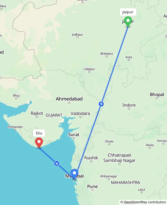 Route map showing distance and travel time from Jaipur, India to Diu, India