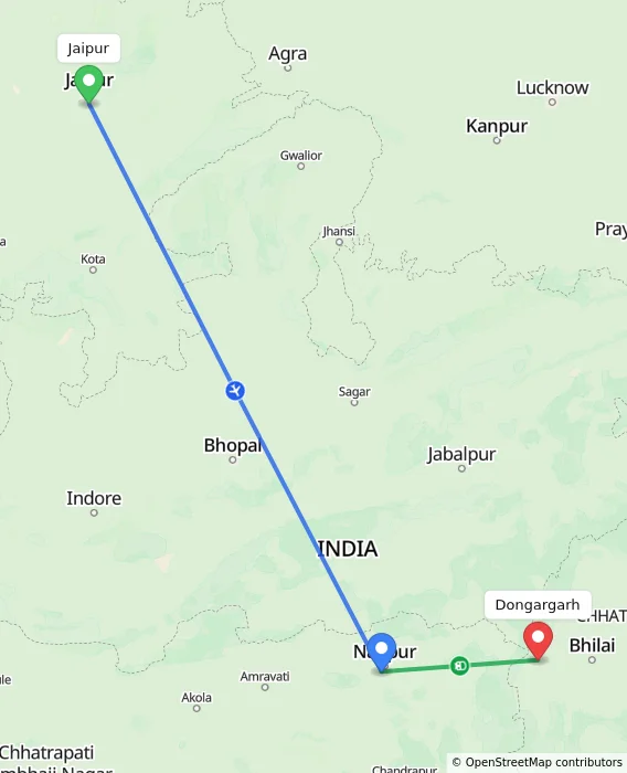 Route map showing distance and travel time from Jaipur, India to Dongargarh, India