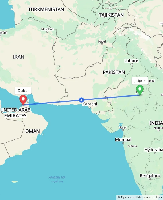 Route map showing distance and travel time from Jaipur, India to Dubai, United Arab Emirates