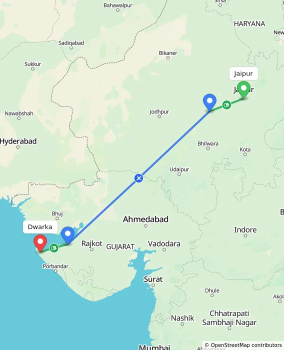 Route map showing distance and travel time from Jaipur, India to Dwarka, India