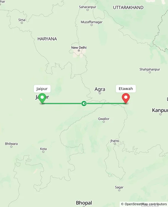 Route map showing distance and travel time from Jaipur, India to Etawah, India