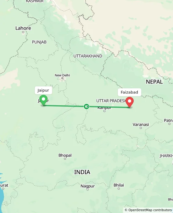 Route map showing distance and travel time from Jaipur, India to Faizabad, India