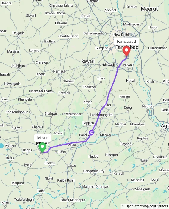 Route map showing distance and travel time from Jaipur, India to Faridabad, India