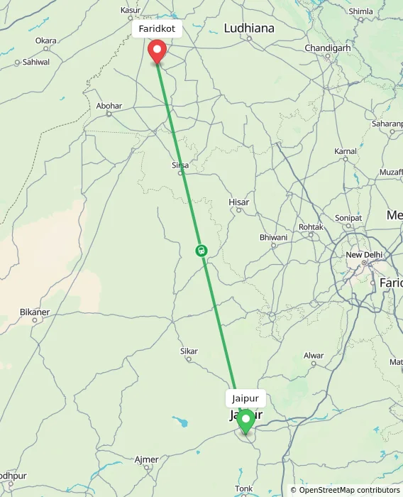 Route map showing distance and travel time from Jaipur, India to Faridkot, India
