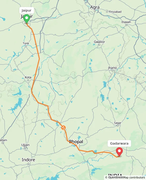 Route map showing distance and travel time from Jaipur, India to Gadarwara, India
