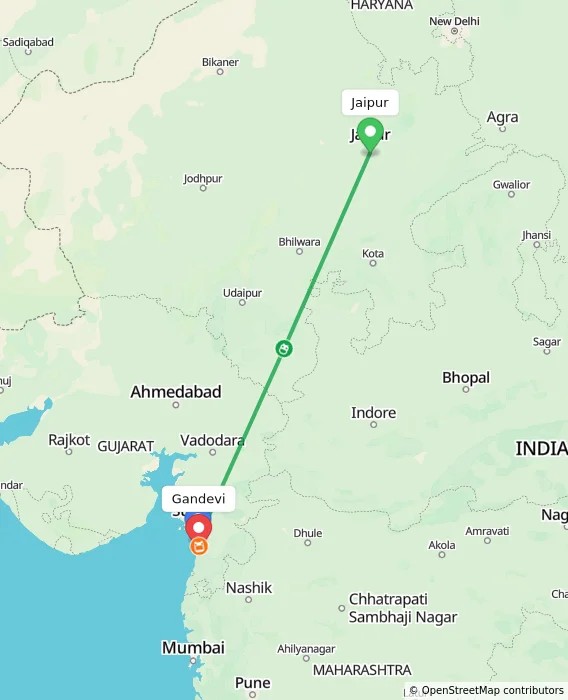 Route map showing distance and travel time from Jaipur, India to Gandevi, India
