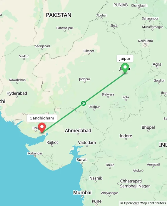 Route map showing distance and travel time from Jaipur, India to Gandhidham, India