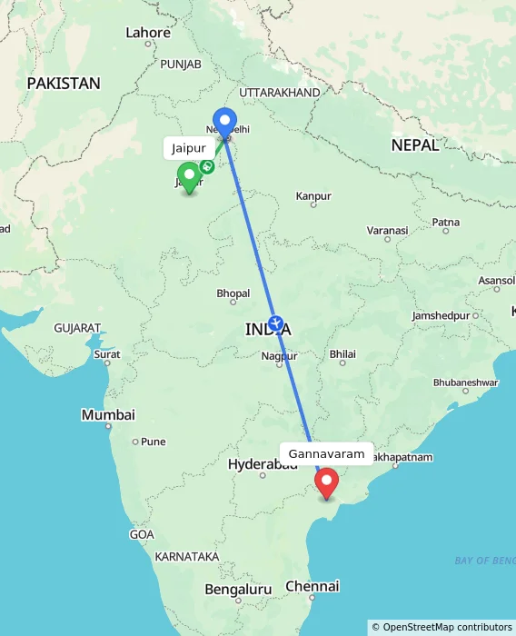 Route map showing distance and travel time from Jaipur, India to Gannavaram, India