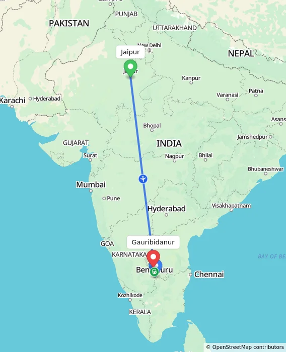 Route map showing distance and travel time from Jaipur, India to Gauribidanur, India