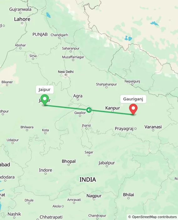 Route map showing distance and travel time from Jaipur, India to Gauriganj, India