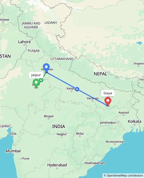 Route map showing distance and travel time from Jaipur, India to Gaya, India