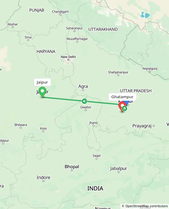 Route map showing distance and travel time from Jaipur, India to Ghatampur, India