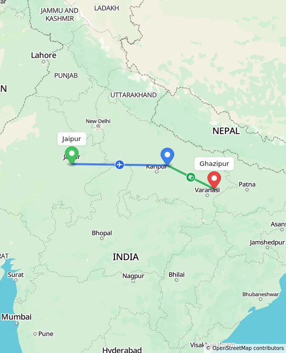 Route map showing distance and travel time from Jaipur, India to Ghazipur, India