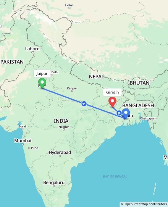 Route map showing distance and travel time from Jaipur, India to Giridih, India