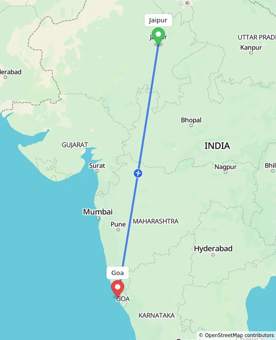 Route map showing distance and travel time from Jaipur, India to Goa, India